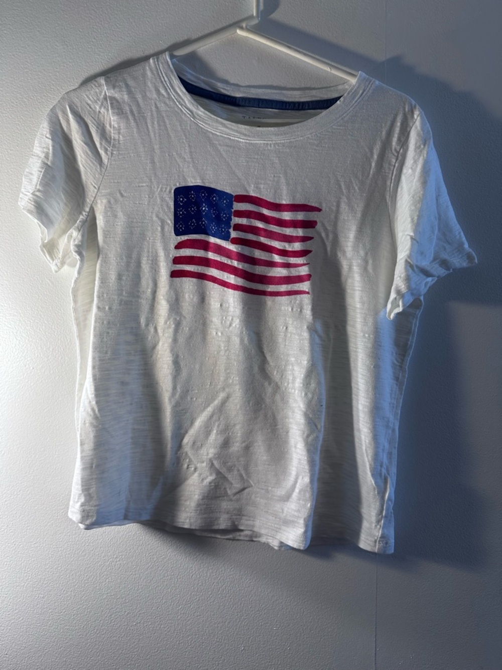 Talbots White womans  Tee with Red & Blue Flag Graphic size medium
